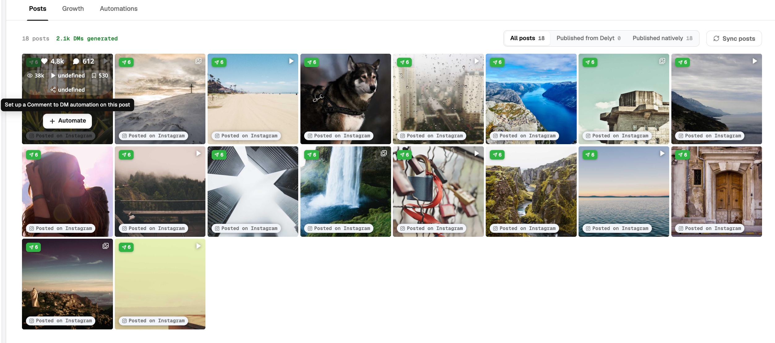 Delyt Social's posts grid: every published post with the number of DMs it has generated, and an Automate button on hover to set up a comment-to-DM automation on that post