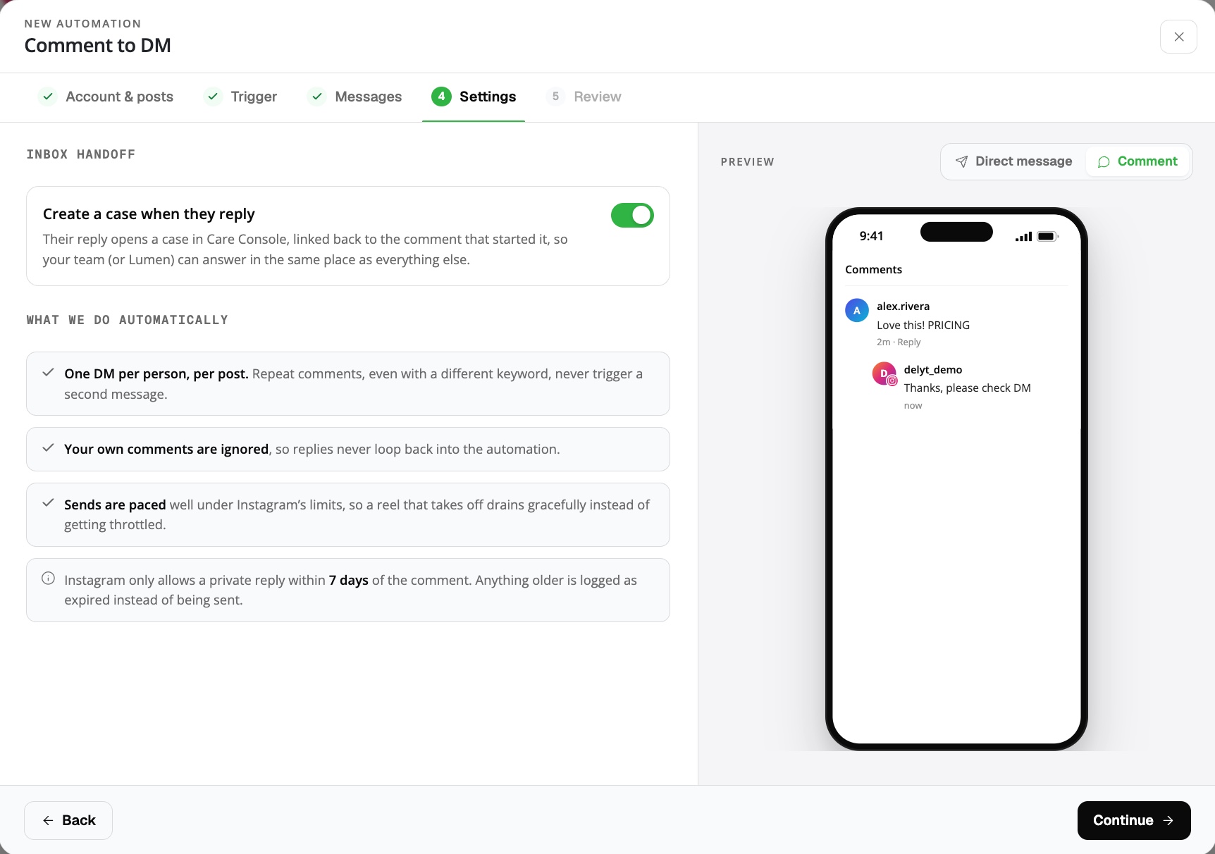 Delyt Social's automation builder on the Settings step: the inbox handoff toggle that opens a case when someone replies, the safety rules Delyt applies automatically, and a live preview of the public comment reply
