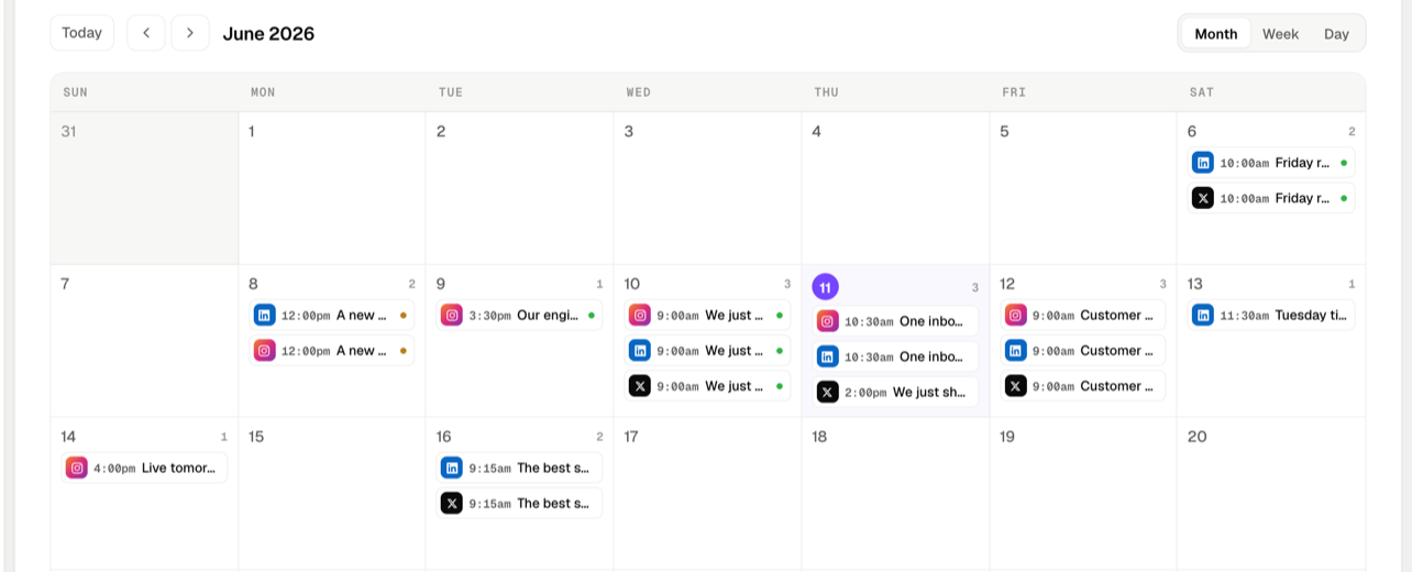 Delyt's publishing calendar for June 2026, with posts scheduled across Instagram, LinkedIn, and X