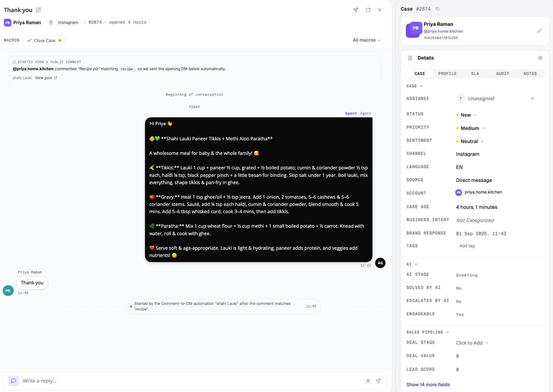 A Delyt case opened from an Instagram comment, showing the conversation alongside case fields for status, priority, sentiment, channel, source, business intent and a sales pipeline with deal stage and lead score