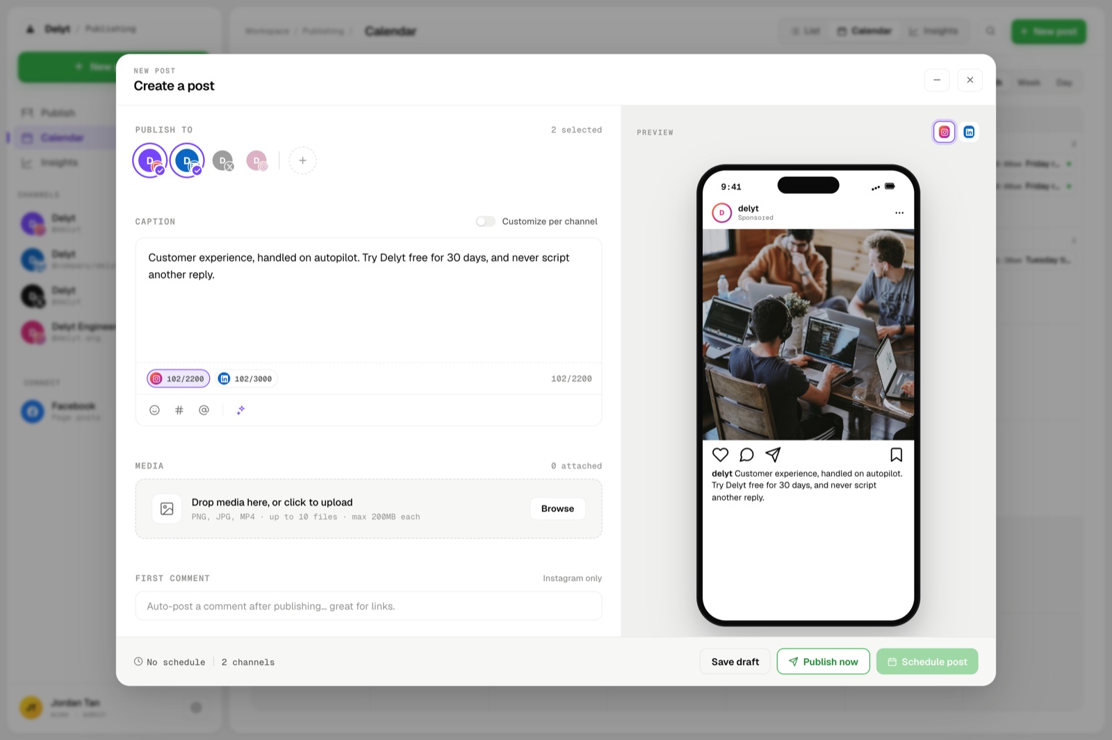 Delyt's multi-network composer with one caption, per-network customization, and a live preview